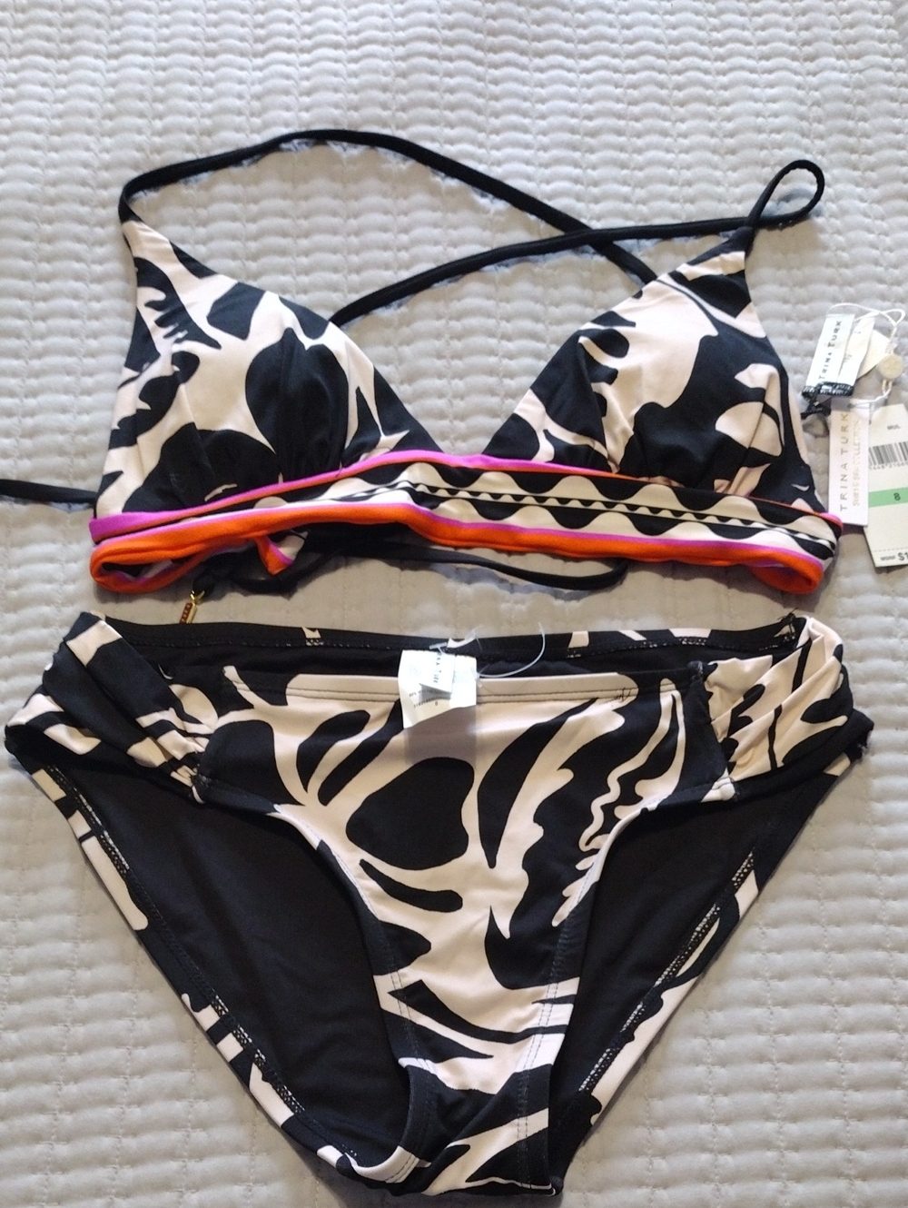 Trina Turk Black & Cream Print Bikini with Pink and Orange Trim